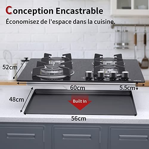 Plaque de Cuisson Gaz 4 feuxs, Plaque Gaz 4 feux, Plaque à Gaz - Cuisinière Encastrable - Gaz ville et bouteille (4 Brûleurs - verre)