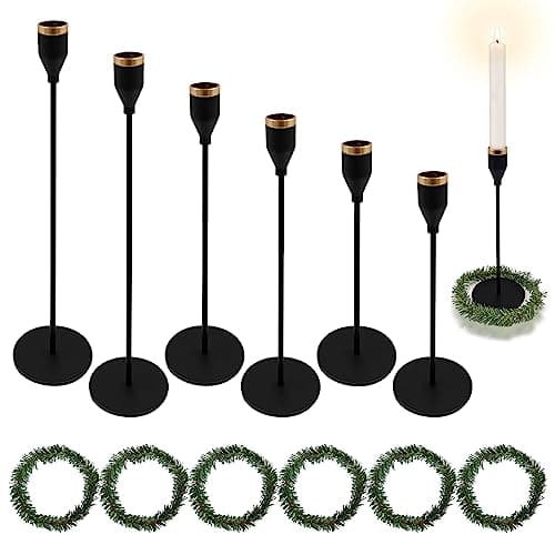 SNAILGARDEN Lot de 6 bougeoirs noirs pour bougies coniques, bougeoirs décoratifs en métal avec 6 couronnes de bougies pour dîner, mariage, fête, convient aux bougies de 1,9 cm d'épaisseur