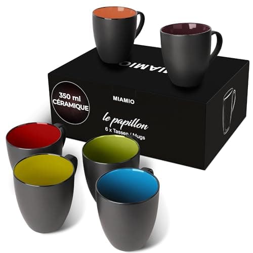 MIAMIO - 6 x 350 ml Tasse à café en grès/Ensemble de tasses Le Papillon Collection (Noir-Multicolore)