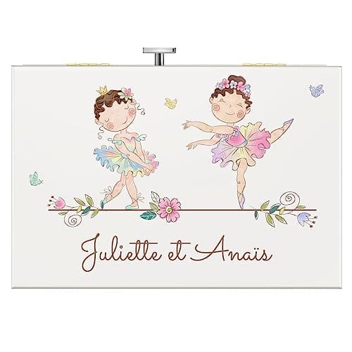 Maverton Boîte à Bijoux Musicale personnalisée avec ballerine - 17x11x9 Coffret à trésors avec impression pour petite fille - pour premier anniversaire - baptême - deco - jumelles