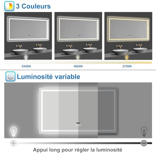 AICA Miroir de Salle de Bain LED avec Bluetooth 140x80cm, Miroir Lumineux avec Horloge + 3 Couleurs + Dimmable + Anti-buée,Miroir Mural Interrupteur Tactile Étanche
