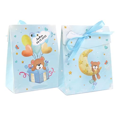 50Pcs Boîtes Baptême Cadeau Bonbonnière 8x4x10CM Sachets Mariage Ballotin Papier Coffret Faveur avec Ruban et Etiquette Cartes pour Décoration Anniversaire Garçon Fille(Bleu)