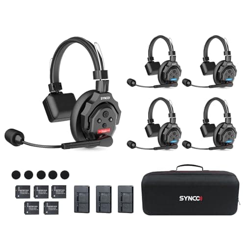 SYNCO Xtalk X5 Casque Intercom Full Duplex Système, 2.4G Casque Communication sans Fil Intercom Système 350m avec 1 Maître et 4 Casques Esclave