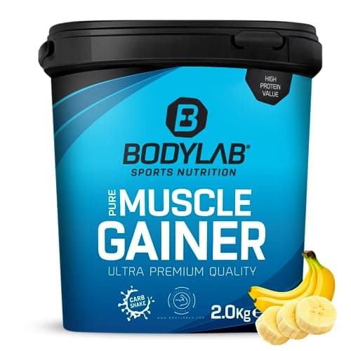 Bodylab24 Pure Muscle Gainer Banane 2000g, 33g de glucides naturels, 40g de protéines et 12g de lipides pour 100g, enrichi en créatine monohydrate, shake parfait pour la prise de masse
