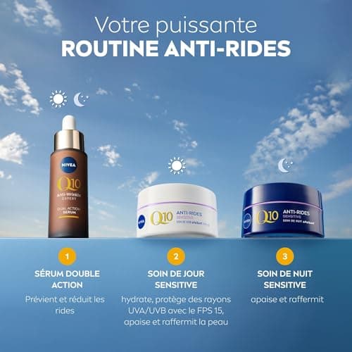 NIVEA Q10 Sensitive Soin de Nuit (1 x 50 ml), crème anti rides enrichie en Q10 pur et extrait de réglisse, crème anti-âge booster de collagène, crème visage apaisante pour peaux sensibles