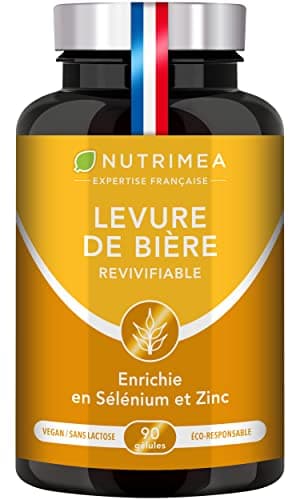 LEVURE Active DE BIERE REVIVIFIABLE - Complément Alimentaire Cheveux, Ongles & Peau - Enrichie en Zinc & Sélénium - Facilite le Transit - 90 Gélules Vegan - Nutrimea - Fabriqué en France