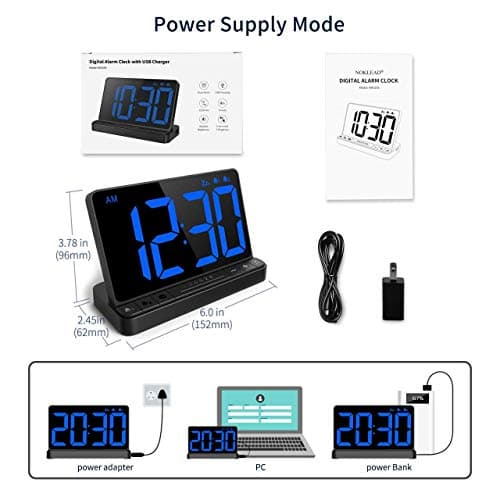 NOKLEAD Numérique Réveil - Horloge Digitale de Chevet avec 5 Sons, variateur Complet, Volume d'alarme réglable, Horloge numérique avec d'adaptateur USB, Grand Chiffre LED de 6,5 po, Snooze et 12/24hr