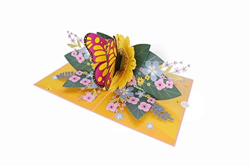 MOKIO® Carte Fleur Pop-Up – Papillon avec fleurs – Carte cadeau 3D pour un anniversaire, retraite ou comme bon, Carte de vœux fleurs avec enveloppe