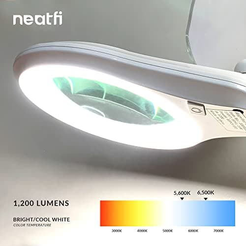 Neatfi Bifocals Lampe loupe Super LED 1 200 lumens avec base pivotante à 5 roues, double dioptrie 5/20, intensité variable, 60 LED SMD, lentille de 12,7 CM de diamètre (Blanc)