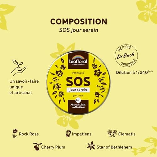 BIOFLORAL - SOS Secours Jour Serein BIO - 165 Pastilles - Soutien émotionnel - Fleurs de Bach Authentiques - Sans Alcool