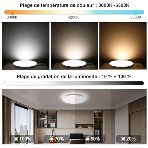 EXTRASTAR 24W 3000K-6500K Plafonnier LED Dimmable, 2200LM Luminaire Plafonnier avec Télécommande, Ø29cm Rond Lampe Plafond, Plafonnier Applicable Salon, Balcon, Chambre, Cuisine