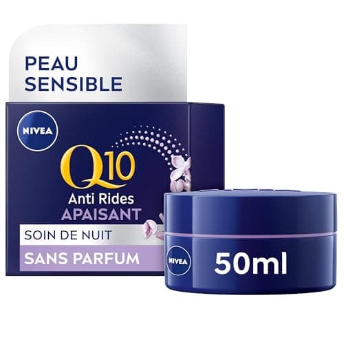 NIVEA Q10 Sensitive Soin de Nuit (1 x 50 ml), crème anti rides enrichie en Q10 pur et extrait de réglisse, crème anti-âge booster de collagène, crème visage apaisante pour peaux sensibles