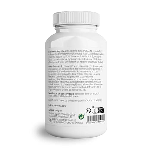 Complexe de collagène Theonia 60 capsules, acide hyaluronique et varech marin, vitamine E, C, biotine, ongles sains, peau, métabolisme des articulations des cheveux, supplément marin de type 1