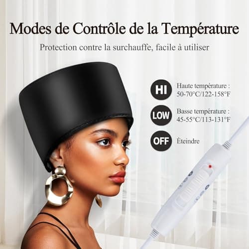 Casque Chauffant Cheveux Vapeur Soin - Charlotte Chauffante pour Cheveux Crepus Afro Bouclés Bonnet Masque Capillaire Salon Hair Cap Spa Maison Proteine Coloration Sèche Cheveux (Noir de jais)