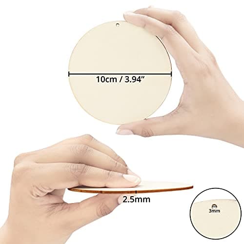 Kurtzy Tranche de Bois Percée (Lot de 50) - Rondin de Bois 10 cm et 2,5 mm d’Épaisseur - Rond Bois Naturel Vierge pour l’Artisanat, les Plaques, les Décorations de Maison et les Ornements
