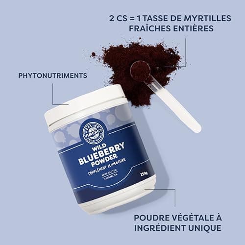 Vimergy Poudre de Myrtille Sauvage, 62 Portions – Myrtille Sauvage – Poudre de Myrtille Faites Avec Myrtilles Entières – Complément Végan – sans Sucre Ajouté ni Additifs – Sans OGM ni Gluten (250g)