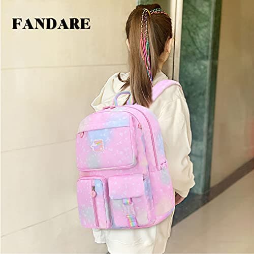 FANDARE Sac à Dos Enfant Sacs Scolaires Filles Garçons Cartables Scolaires Sac d'école Sacs Scolaires pour Étudiant Outdoor Voyage école Daypacks Imperméable Polyester Galaxie Rose L