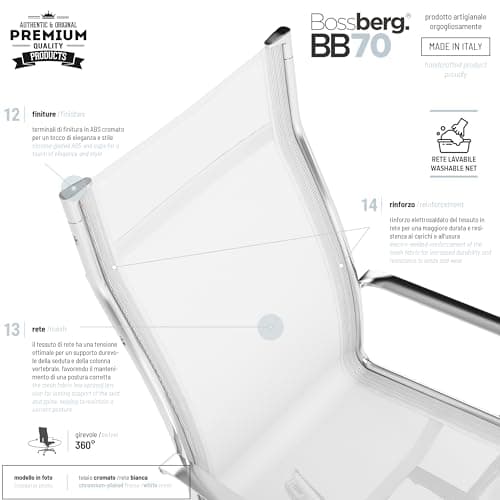 Bossberg BB70 Chaise de Bureau Ergonomique Blanche - Fauteuil Bureau Ergonomique avec Chaise avec Accoudoirs - Chaise Pivotante Design Italien