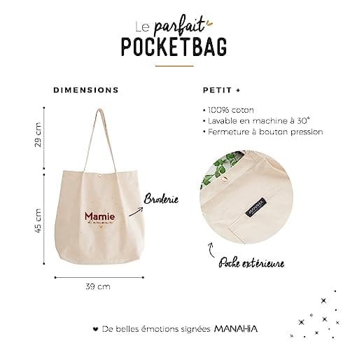 Manahia Tote Bag brodé Mamie - Mamie d'amour - Cadeau Mamie - Sac Mamie - Sac cabas Brodé avec poche - Cadeau Fête des Grands-Mères - Annonce Grossesse Mamie - Cadeau Noël Mamie - Anniversaire Mamie