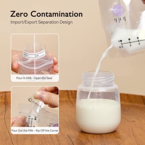 Momcozy Lot de 120 Sacs de Conservation du Lait Maternel, Sacs de Conservation du Lait Maternel, Préstérilisés, Double étanchéité, pour Congélation 180mL