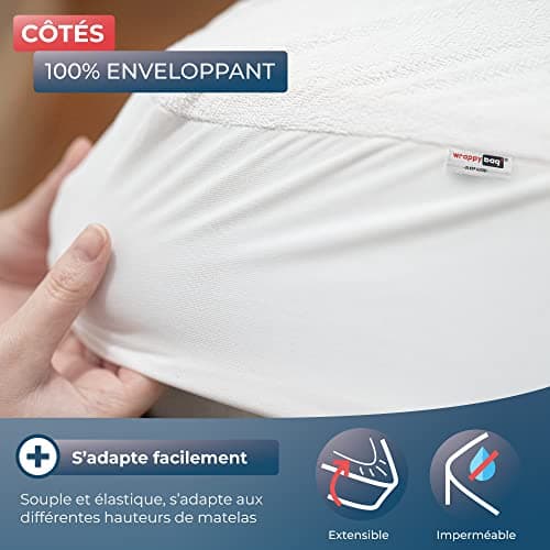 WRAPPYBAG Protège Matelas Imperméable 140 x 200 cm – Alèse en Coton Certifiée Oeko-TEX Bonnet 30cm – Housse de Lit Hypoallergénique (Acarien/Poussière/Transpiration) avec Attache Élastique