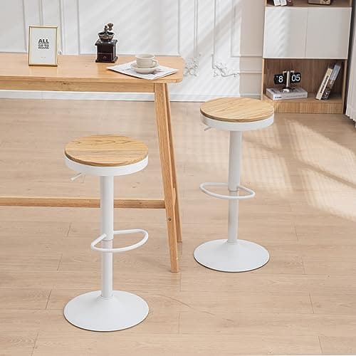 Kidol & Shellder Lot de 2 Tabourets de Bar Blanc, Bois Massif, Tabourets de Comptoir à Hauteur Réglable pour Comptoir de Cuisine, Bois Massif-Métal, Vintage Industriel Moderne