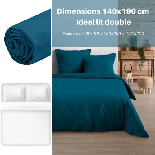 STOF - Drap Housse -Taille 140x190(200) cm Grand Bonnet 30 cm -100% Coton certifié Oeko-Tex - Couleur Pétrole -Modèle Eden - Linge de Lit pour Maison - Doux et Confortable pour Nid Douillet