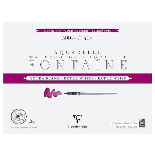 Clairefontaine 976044C Bloc Encollé 4 Côtés Fontaine Extra Blanc - 12 Feuilles Papier Aquarelle Extra Blanc 100% Coton Grain Fin - Qualité Professionnelle 61x46cm 300g
