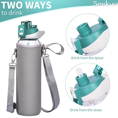 Seekua 1l Sport Gourde Verre avec Paille & Heure de Motivation 1 litre grande Bouteille d'eau Verre Réutilisable sans BPA avec Marqueur de Temps