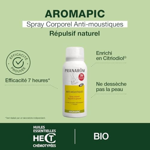 Pranarôm Aromapic Spray Corps Anti-Moustiques Bio 75 ml | Efficacité 7h prouvée en laboratoire contre moustiques européens et tropicaux. Ne dessèche pas la peau. Dès 7 ans.