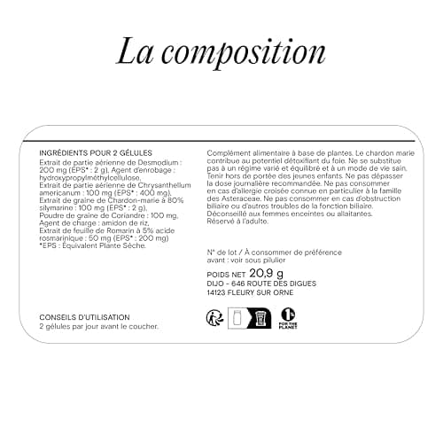DIJO - Detox Foie - Draineur et Elimination de Toxines - Extrait de Chardon Marie, Romarin, Desmodium et Chrysantellum - 50 Gélules Gastro-Résistantes - Végan - Fabriqué en France