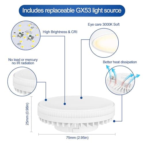 YindaLux Lot de 4 LED Spot en Saillie Blanc 220-240V Ø95x55mm Plafonnier Incluse ampoule GX53 6W Blanc chaud 3000K 660LM Plafonnier Spot LED Luminaire Apparent avec spot à grande surface lumineuse