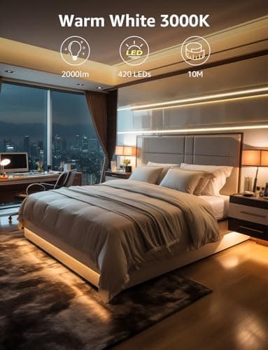 Lepro 10M Ruban LED Blanc Chaud Dimmable 12V 3000k 420LEDs V2835, Bande LED Autocollant Réglable via Variateur pour Miroir Dressing, Meuble, Escalier, Chambre, Cuisine