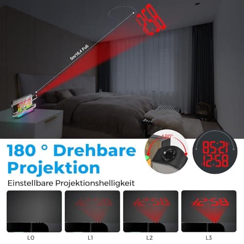 U-picks Réveil Numérique,Réveil avec Projection,Horloge Miroir LED de 7,4" projecteur rotatif à 180°affichage numérique 11 Color RVB,Veilleuse 10 color,Horloge de table numérique à 5 niveaux de Volume