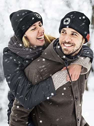 UNBON Bonnet Bluetooth avec LED Lampe, Idée Cadeau Homme Bonnet Bluetooth Lampe Frontale Rechargable Cadeau Noël Original Bonnet LED Bluetooth avec Écouteur Stéréo Tricoté Hiver Chaud pour Homme Femme