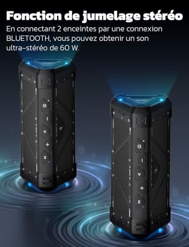 RIENOK S11 Enceinte Portable Bluetooth aux Basses Renforcées, 3 Modes d'Égaliseur, Mode USB, Bluetooth 5.3, 30W Enceinte Puissante, IPX7, TF Carte, Soirées Plage, Randonnées, Voyage, Noir