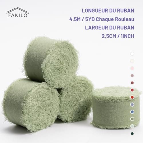 FAKILO Ruban en mousseline de soie à franges fait à la main 4 rouleaux de ruban vert clair de 2,5 cm x 5 m de ruban rose blush, 20 m de ruban en mousseline