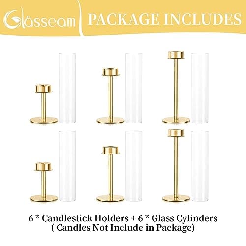 Glasseam Bougeoir en Verre Transparent, Bougeoirs en Or Mat pour Bougies, Lot De 6 Grands Bougeoirs, Support De Bougie Bougeoirs De NoëL DéCoration pour Tables De Salle à Manger