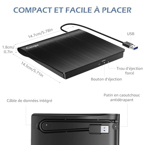 Cocopa Lecteur CD/DVD Externe pour PC, USB 3.0 Graveur Enregistreur Portable RW/ROM Mince Transmission Rapide Câble USB Intégrée Windows/Mac OS Apple/iMac/Macbook/Laptop/Desktops/PC Noi