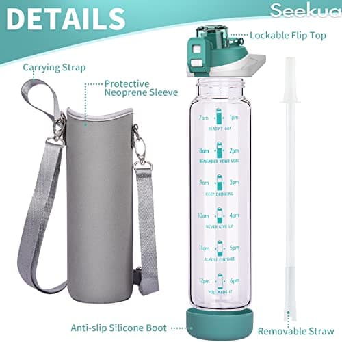 Seekua 1l Sport Gourde Verre avec Paille & Heure de Motivation 1 litre grande Bouteille d'eau Verre Réutilisable sans BPA avec Marqueur de Temps