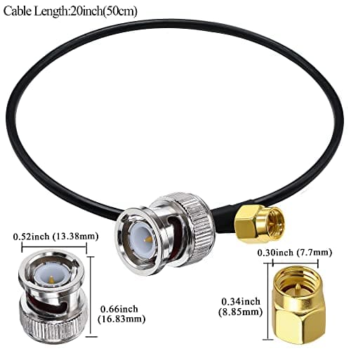 TUOLNK Câble de raccordement BNC vers SMA Câble d'extension mâle BNC vers SMA mâle RG58 20 pouces (50 cm) Câble adaptateur coaxial RF SMA vers BNC pour périphériques LAN sans fil Paquet de 2