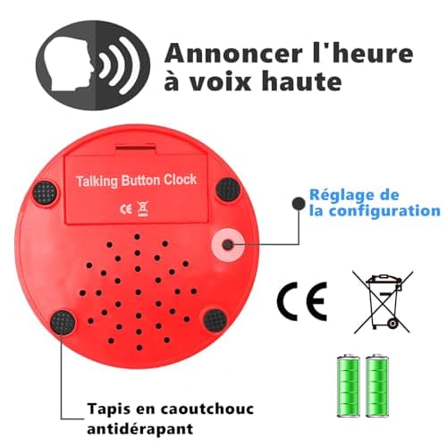 MAUJOY Horloge Parlante,Voix Française Claire Plus Facile à Comprendre- avec Réveil Alarme sonore pour Alzheimer, Malvoyants, Aveugles ou Personnes Agées (Red+White)