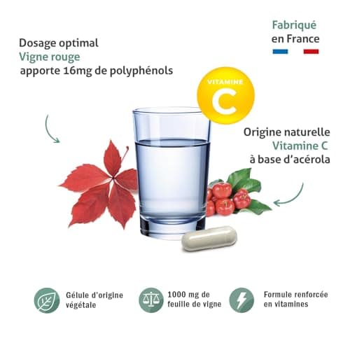 BLANCHE BRESSON - Phyto vigne rouge - Circulation, jambes gonflées - Vignes rouges, Acérola - 60 gélules - Cure de 30 jours - Fabriqué en France