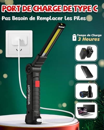 Cadeau Homme, Coquimbo Lampe de Poche Lampe de Travail Rechargeable Lampe Atelier COB Torche avec Base Magnétique 5 Modes Camping Lampe pour Garage, Camping, d'urgence, etc (Noir, 2 Pièces)