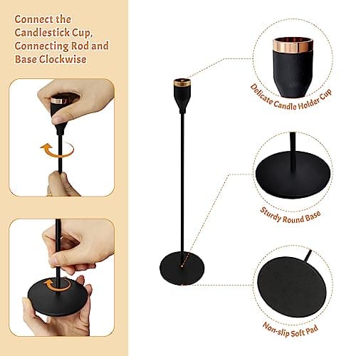 SNAILGARDEN Lot de 6 bougeoirs noirs pour bougies coniques, bougeoirs décoratifs en métal avec 6 couronnes de bougies pour dîner, mariage, fête, convient aux bougies de 1,9 cm d'épaisseur