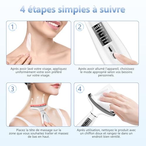 Appareil Anti Rides Visage, Appareil de Beauté à 6 Modes, Température 45 °C pour Les Massage Visage, pour l'anti-âge, Le Lifting et le Raffermissement de la Peau Relâchée (Mode LED 4 couleurs)