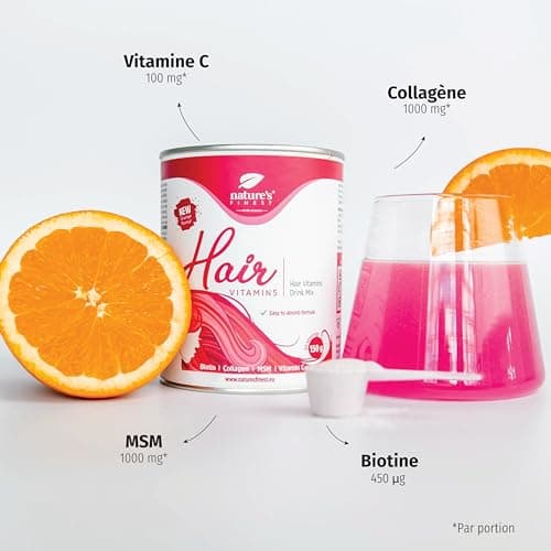 Nature's Finest by Nutrisslim Vitamines Pour Cheveux, Pour Femme, Aide au Lissage et à la Repousse des Cheveux, Riche en Biotine, Réduit la Perte de Cheveux, Avec Collagène, MSM, Vitamine C