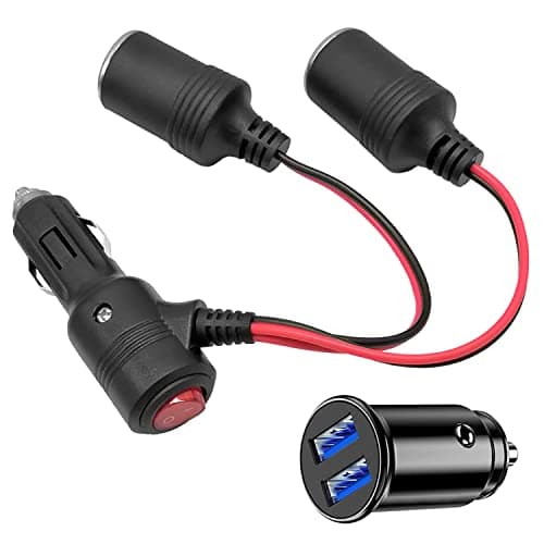 Hoembpn 1 à 2 Allume-Cigare Câble D'extension Prise Allume Cigare Socket Mâle vers Femelle Adaptateur Splitter avec LED Interrupteur Fusible 15A,12V/24V Mini Chargeur de Voiture USB Double