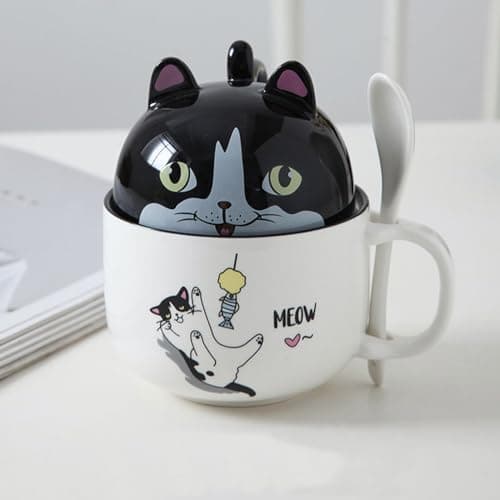 Xfeyaqlo Tasse Café Chat Noir, Tasse à Café Mignonne, Tasse a The, avec Cuillère à Couvercle Options de Cadeau Appropriées, Le Couvercle Peut être Utilisé Comme Une Tasse Céramique, 350ml