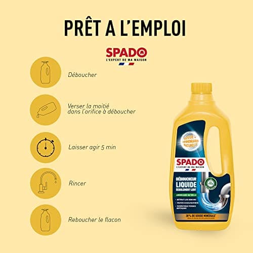 SPADO - Déboucheur liquide - Ecoulement lent - Détruit les odeurs - compatible fosse septique - action dès 15min - soude minérale concentrée 30% - 1 L - Fabriqué en France